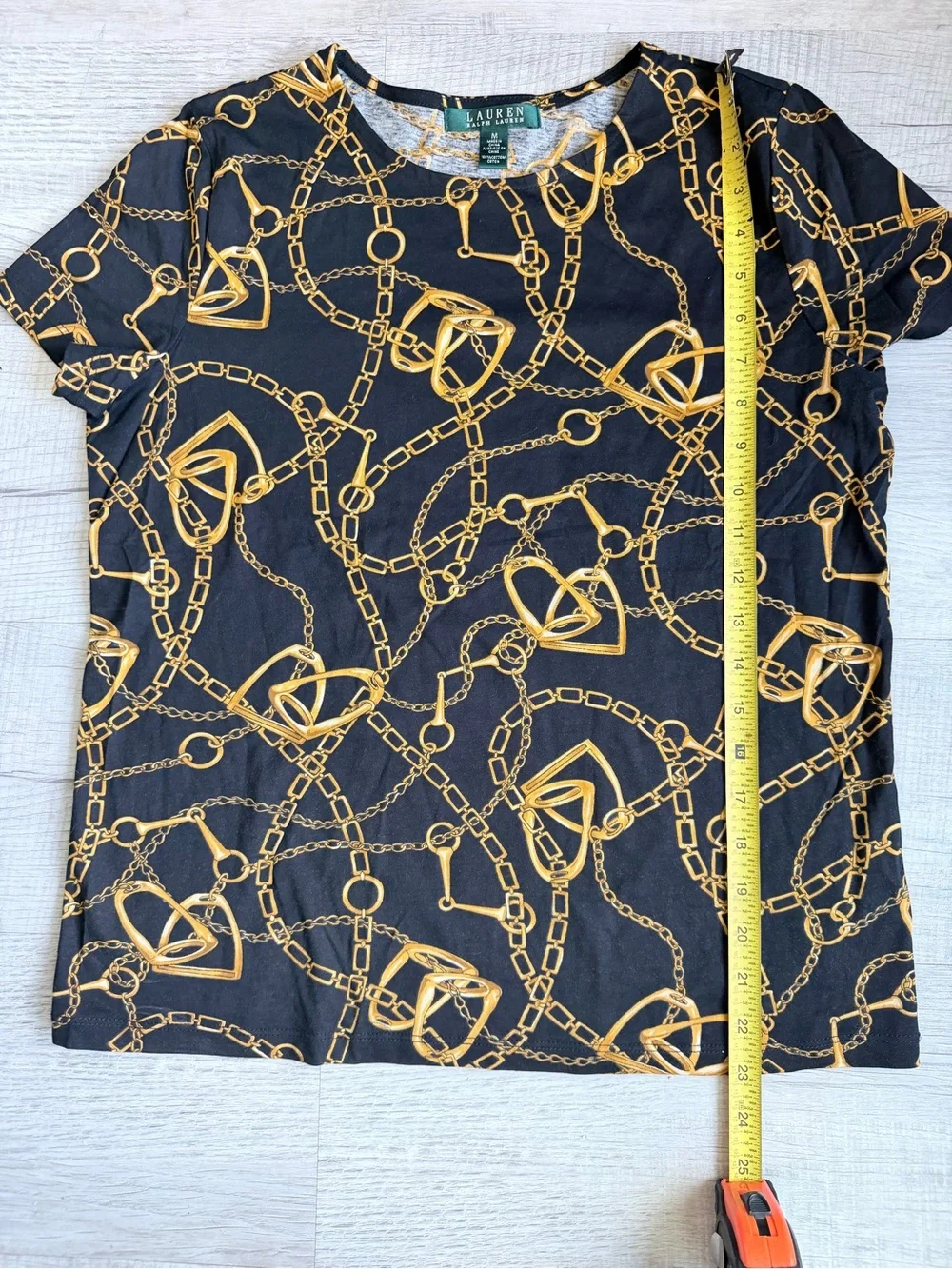 Lauren Ralph Lauren Black Gold Equestrian Horse Bit Chain Print Tee Top Medium